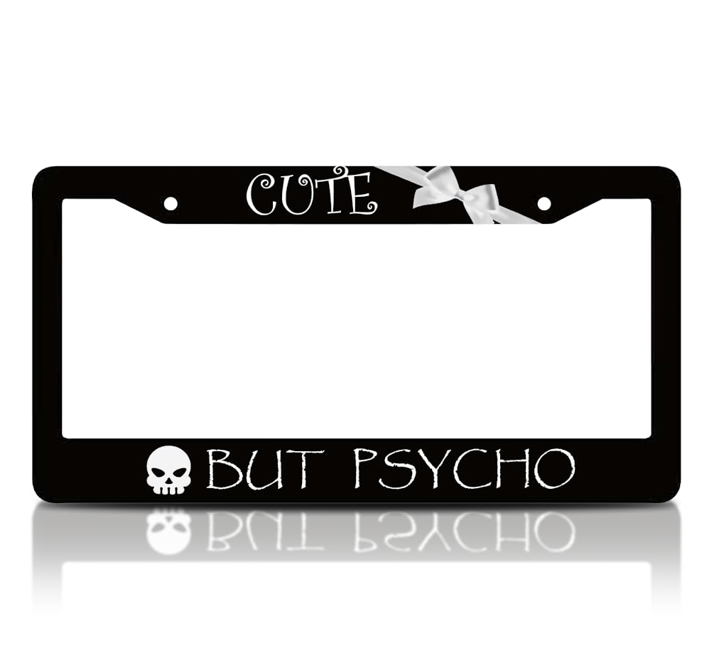 6x12.25 Inch Funny Skull License Plate Frame for USA Standard Cute But Psycho with 2 Holes and Screws - Fun Frames Car Accessories - Decorative Aluminium License Plate Frames for Front of Car