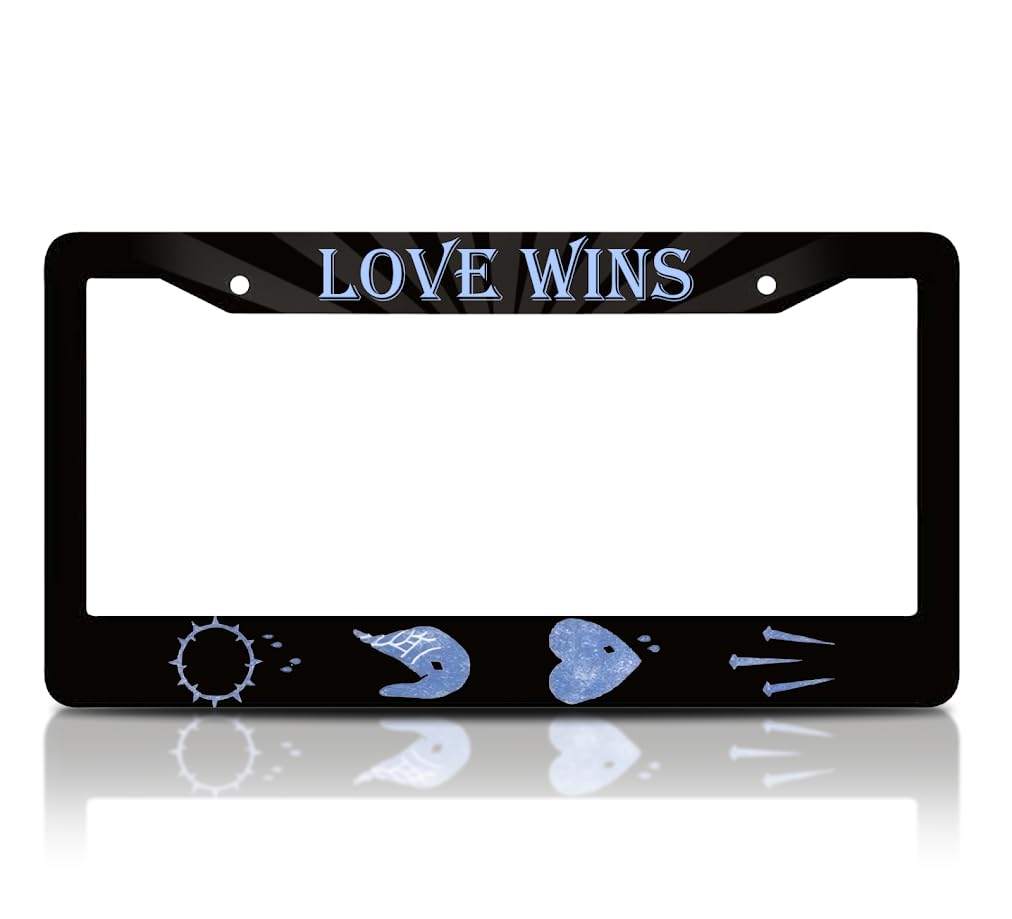 6x12.25 Inch Car Heart License Plate Frame with Quote Love Wins with 2 Holes and Screws - Black License Plate Frame for Standard Cars USA - Aluminium Plate Frame for Front or Rear Number