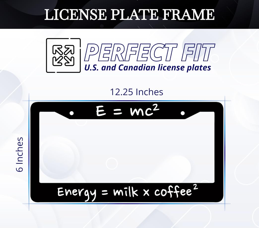 6x12.25 Inch Personalized Black License Plate Frame with Quote Energy = Milk x Coffee - Funny Front License Plate Frames Designs with 2 Standard Slotted Mounting Holes - Aluminium Frames for Auto
