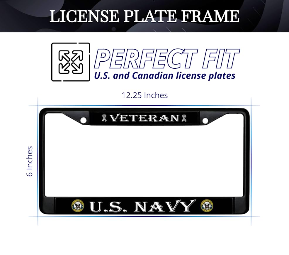 Car License Plate Frame - Standart Cars USA Stainless Steel Frame for Front and Rear - License Plate Frame US Navy Veteran - Metal Plate Frame with 2 Holes and Screws 6x12.25 inches