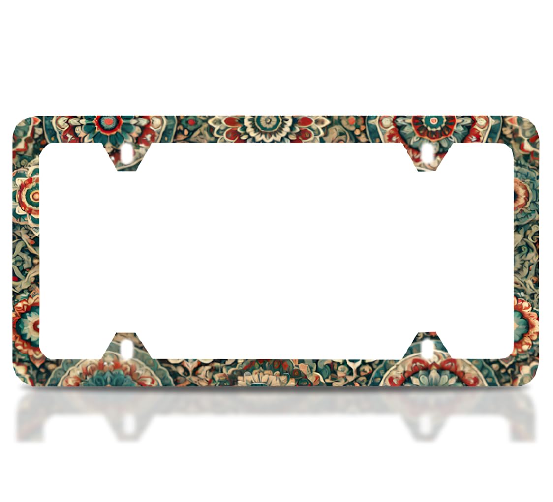License Plate Frame for US Standard Frame 6x12.25 Inch - Vintage Style with Mandala Flowers with 4 Holes and Screws - Boho Style License Plate Frames of Your Number