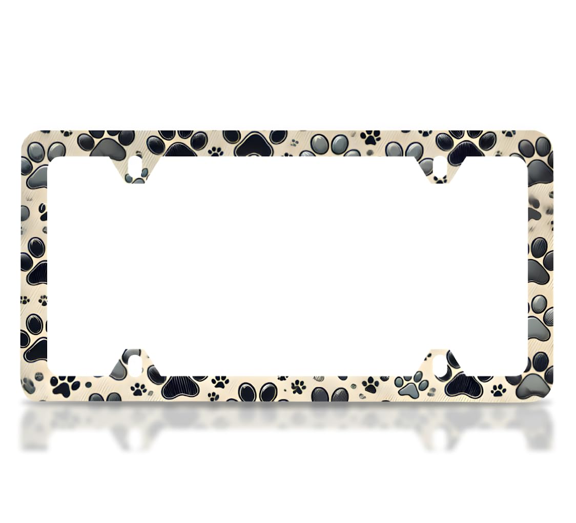 License Plate Frame 6x12.25 Inches - Animal Paw Prints on Black Background - with 4 Standard Slotted Mounting Holes - Number Plates Aluminum Alloy Frames for Your Car - Accessories Frames for Сar