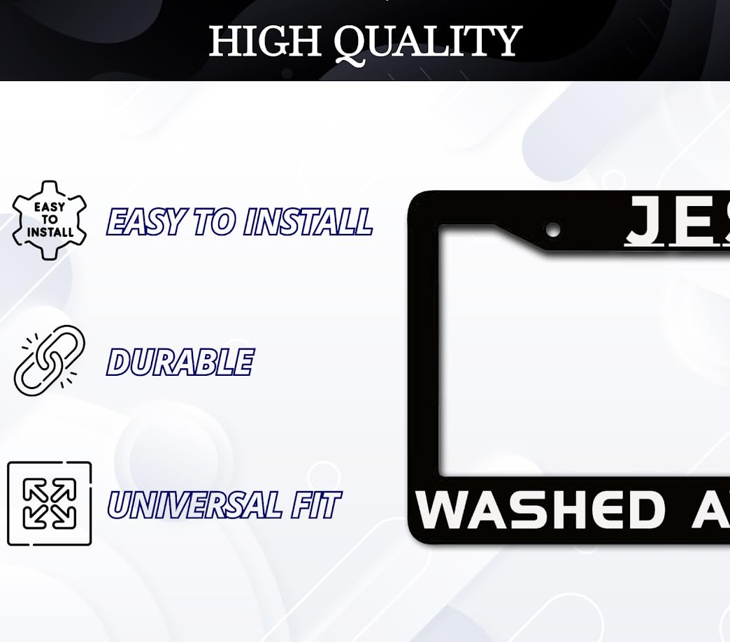 6x12.25 inches Black License Plate Frame with Quote Jesus Washed Away My Sin with 2 Holes and Screws - Standard Cars USA Frame for Front or Rear - Aluminium Jesus Plate Frames for Car Accessories