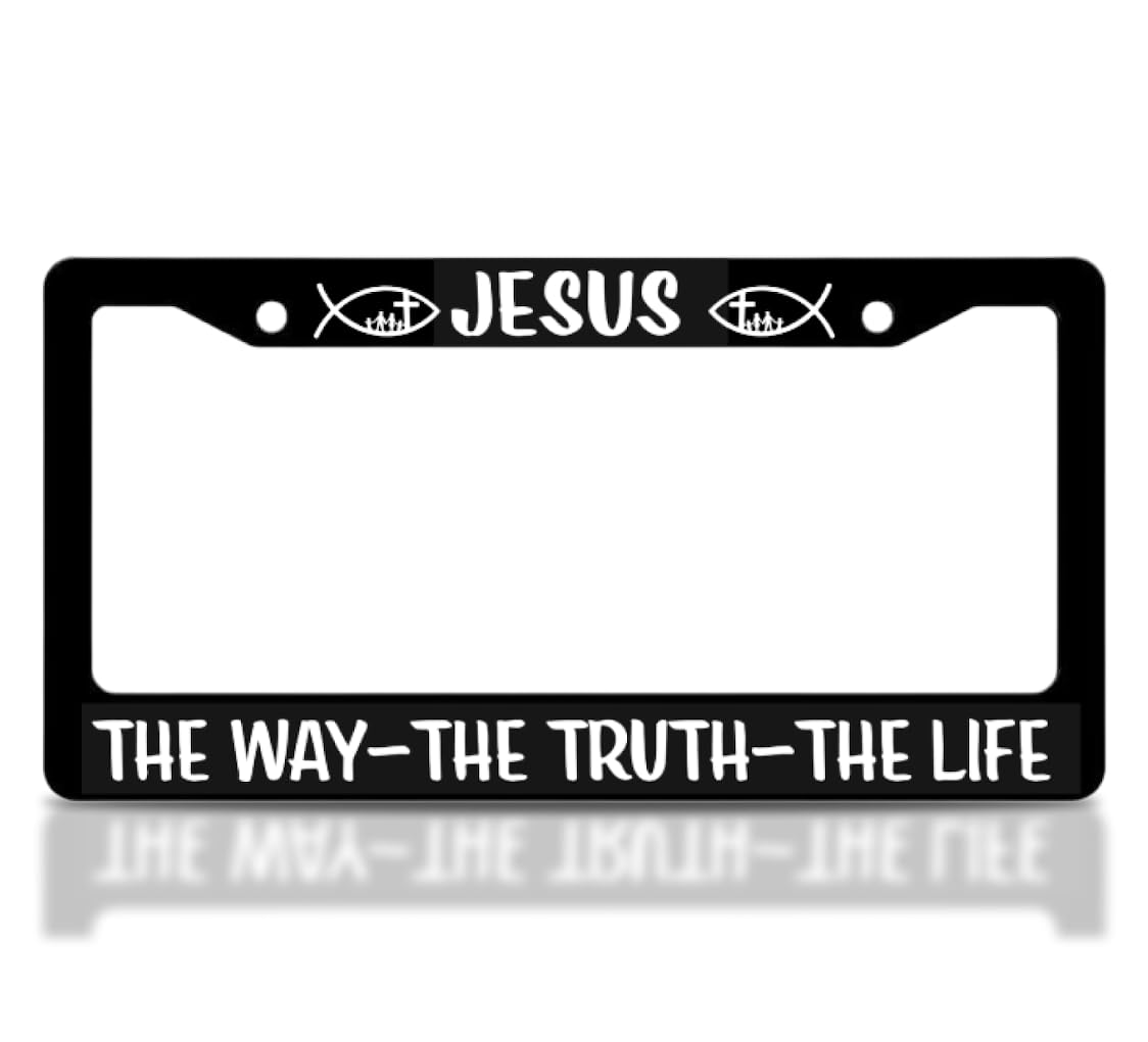 Black Car License Plate Frame 6x12.25 Inch - Stainless Steel Frame - for US Standard License Plate Jesus The Way The Truth The Life Christian - Religious Frame with 2 Holes and Screws