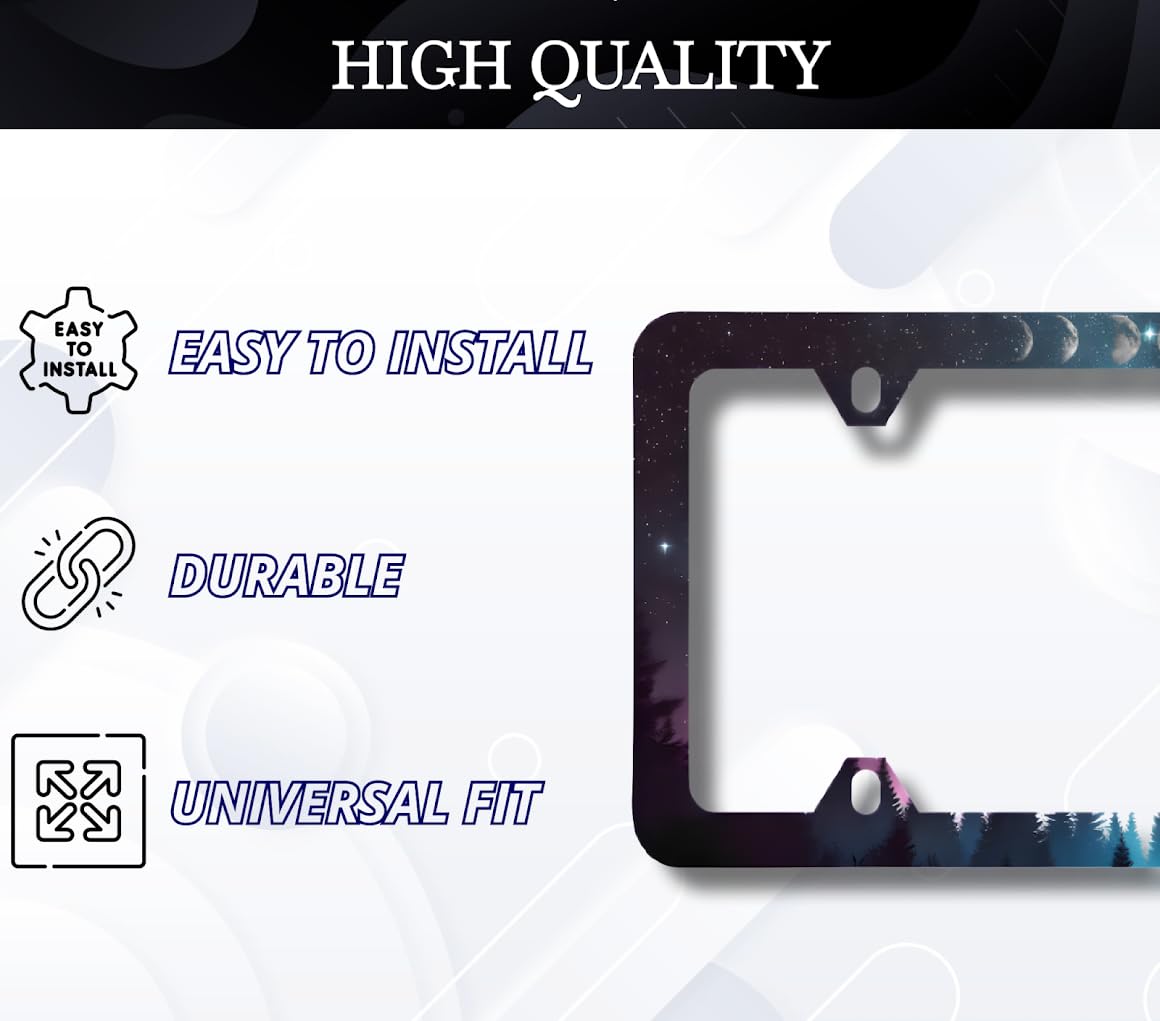 License Plate Frame 6x12.25 Inches - Night Starry Sky Night Forest Moon Phases with 4 Standard Slotted Mounting Holes - Unique Printed License Plate Frames - Stainless Steel Frames to Your Car