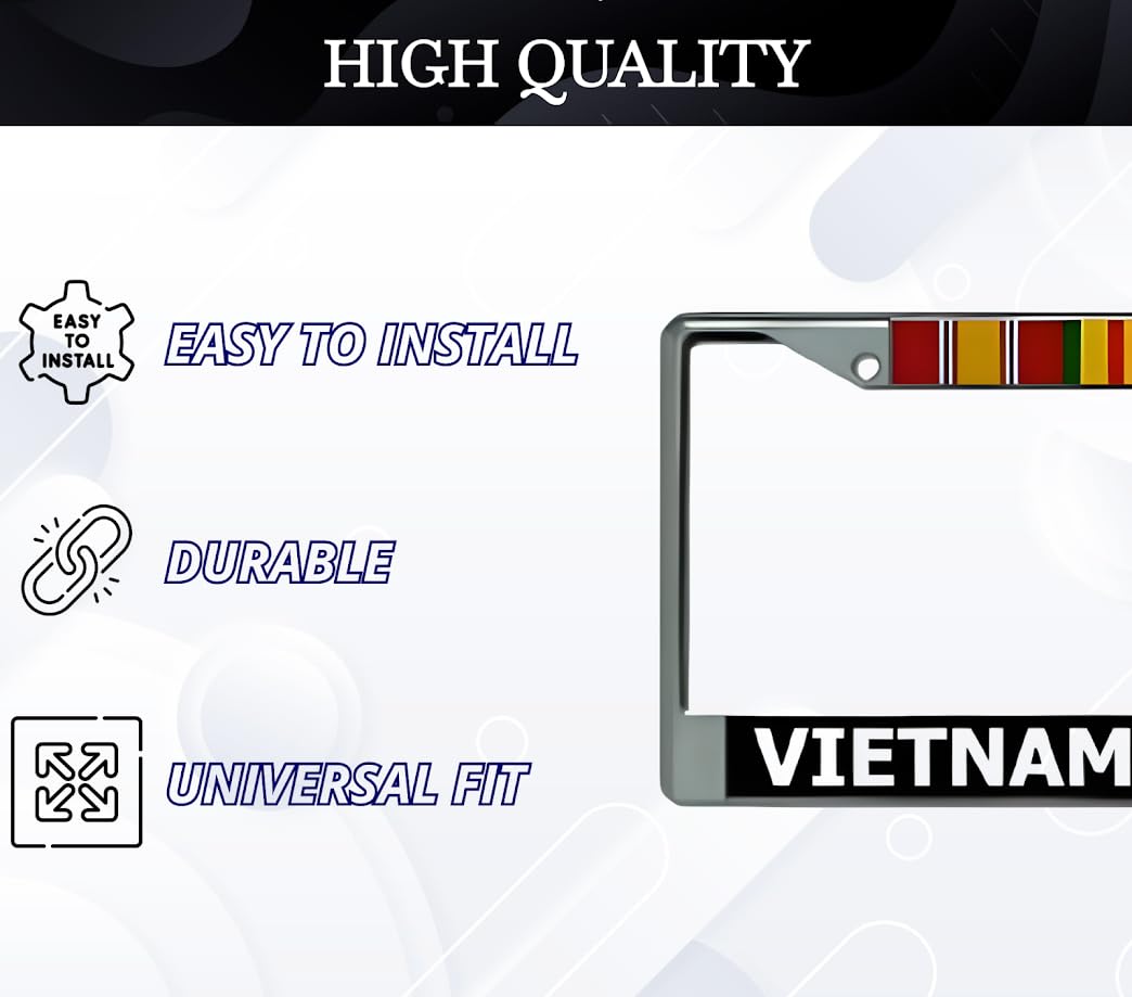 6x12 Inch Car Chrome License Plate Frame Vietnam Veteran - Silver License Plate Frame with 2 Holes and Screws - Bracket for Standard Cars USA Stainless Steel Frames for Front or Rear