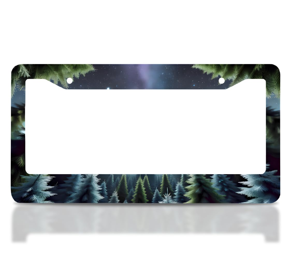 License Plate Frames 6x12.25 Inches - Dark Soft Tones Mysterious Dark Forest with 2 Standard Slotted Mounting Holes - Night Starry Sky Background - Stainless Steel Frame for Your Car
