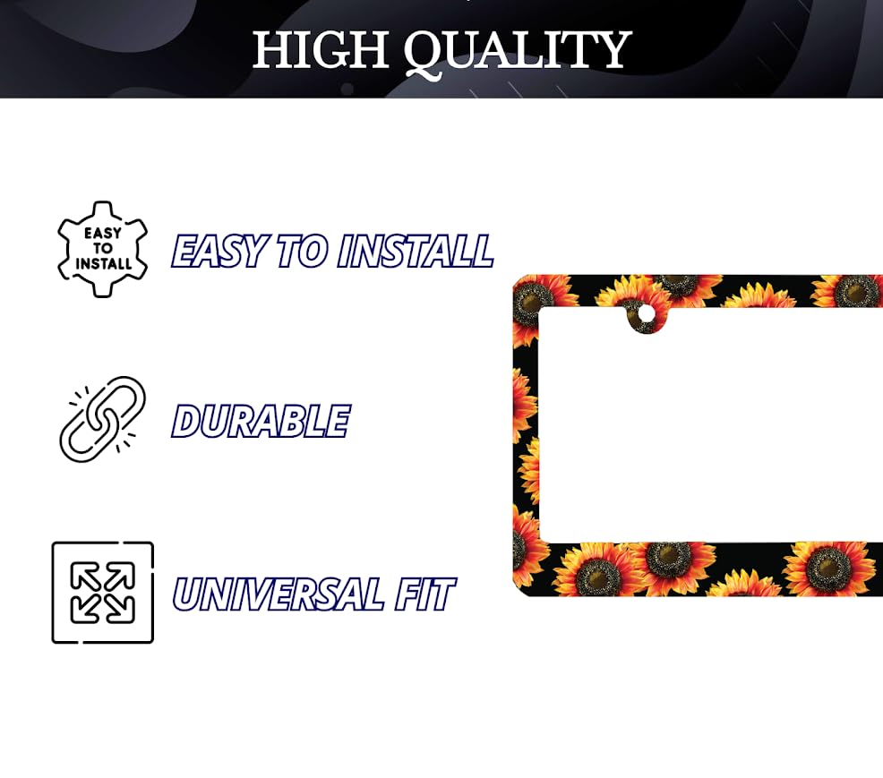 6x12.25 Inch Personalized Car License Plate Frame Yellow Sunflowers - Metal Aluminum Funny Black Car Frames with Two Holes and Screws - Standard Cars USA Frames for Front or Rear Use