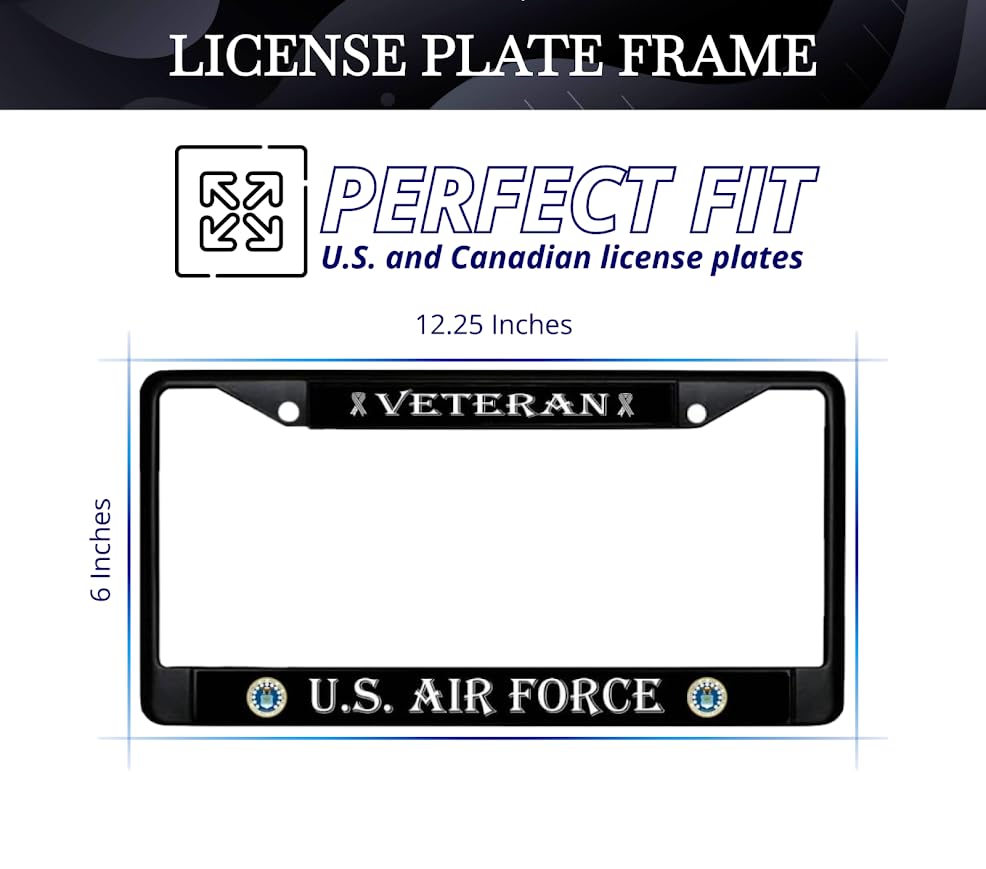 Car License Plate Frame US Air Force Veteran - Standart Cars USA Stainless Steel Frame for Front and Rear - Metal Plate Frame with 2 Holes and Screws 6x12.25 inches - Metal License Plate USA