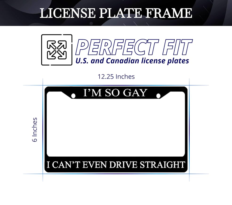 Car License Plate Frame for US Standard I'm So Gay I Can't Even Drive Straight - Stainless Steel Frame for Front and Rear - Metal Plate Frame with 2 Holes and Screws 6x12.25 inches