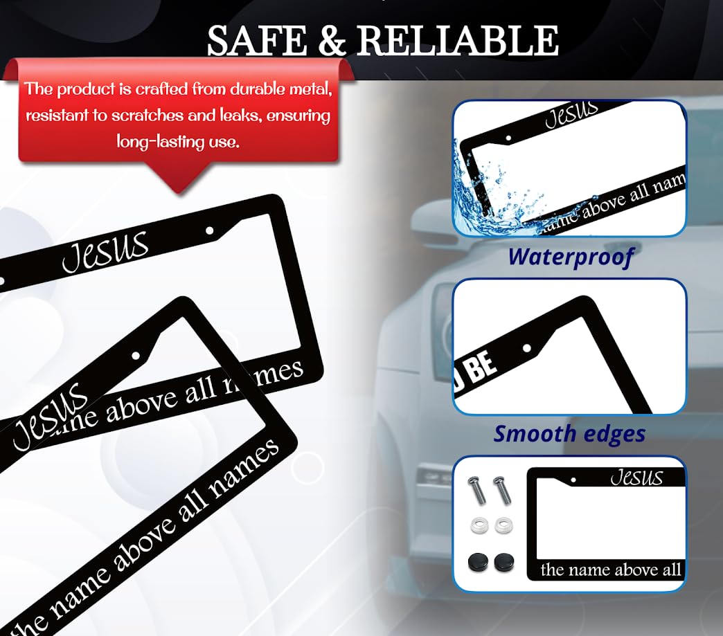 6x12.25 Inch Personalized Black License Plate Frame with Quote Jesus The Name Above All Names - God Front License Plate Frames with 2 Standard Slotted Mounting Holes - Aluminium Frames for Cars