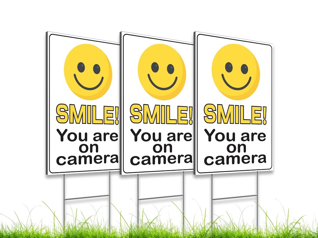 Pack of 3 Funny Smile You're On Camera Yard Signs with H-Stakes - 12"x8" Double-Sided Video Surveillance Sign Outdoor - Security Camera Plastic Sign for Yard Home House - Video Surveillance Signs