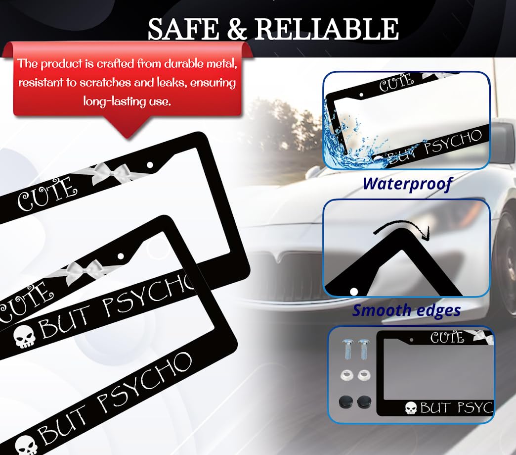6x12.25 Inch Funny Skull License Plate Frame for USA Standard Cute But Psycho with 2 Holes and Screws - Fun Frames Car Accessories - Decorative Aluminium License Plate Frames for Front of Car