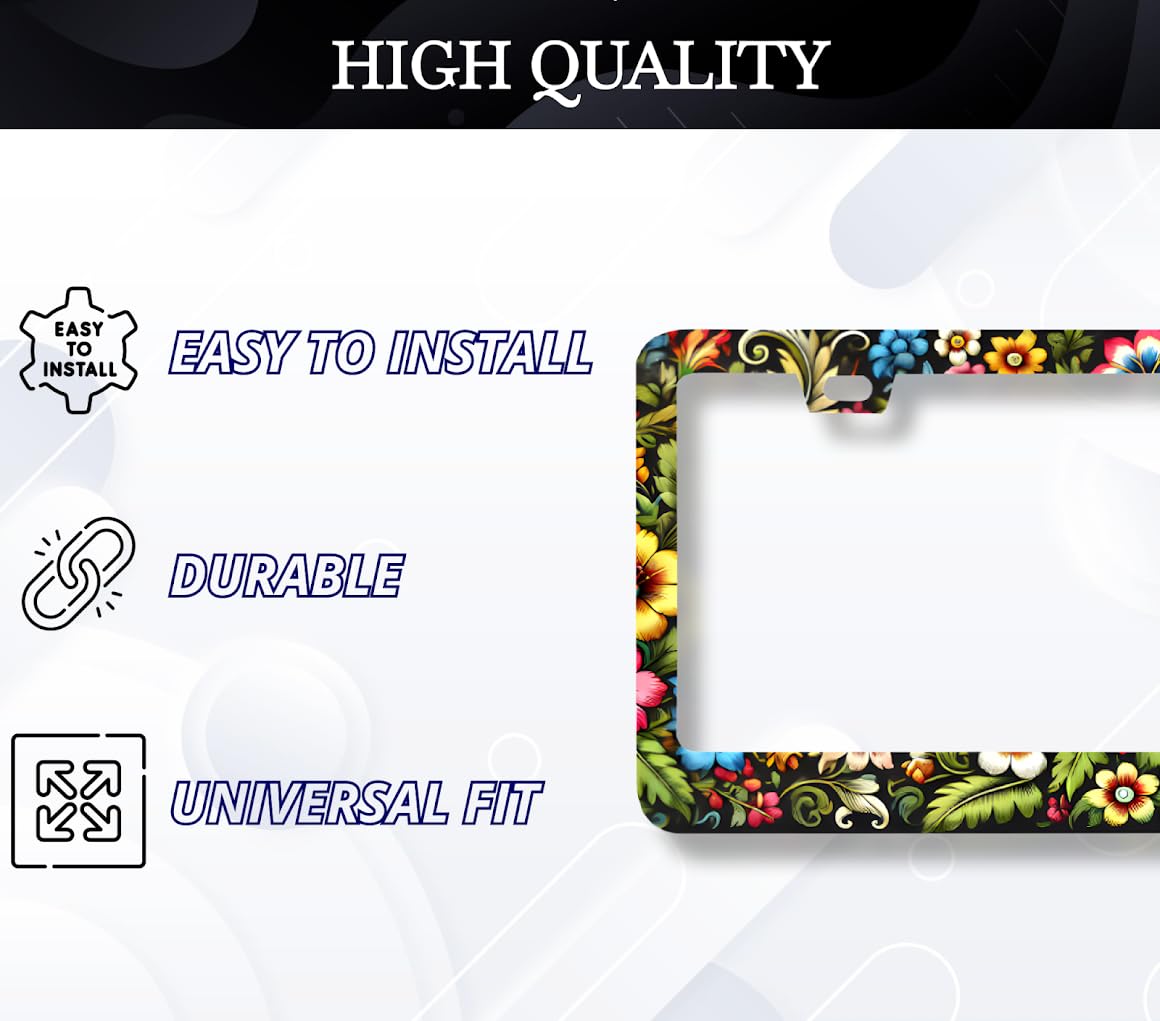 License Plate Frame 6x12.25 Inch - Multicolored Flowers on Black Background - with 2 Holes and Screws - Stainless Steel Number Frame with Print - US Standard License Plate Frames Car Accessory