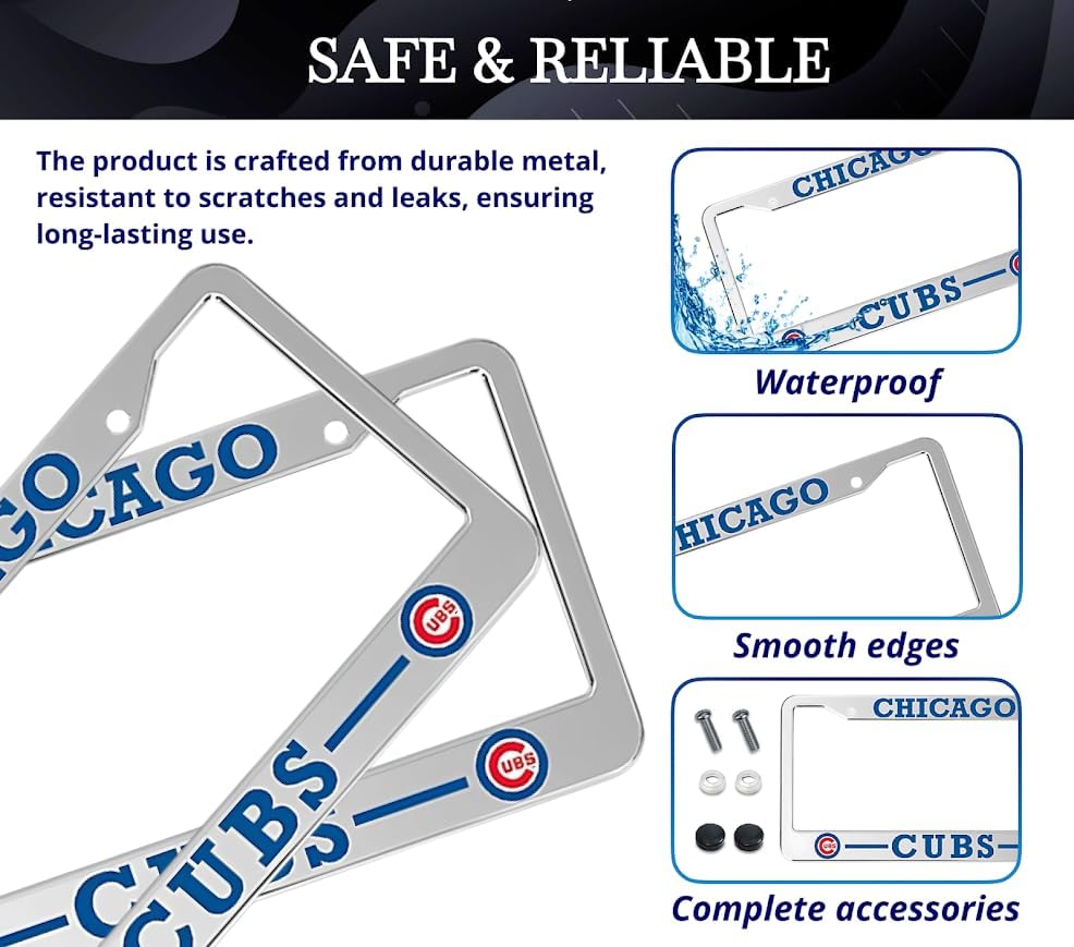 Personalized Car License Plate Frame for US Standard - Chicago Cubs 6x12.25 Inch License Plate Frames with 2 Holes and Screws - Stainless Steel Frame for Front and Rear - Universal American Frames