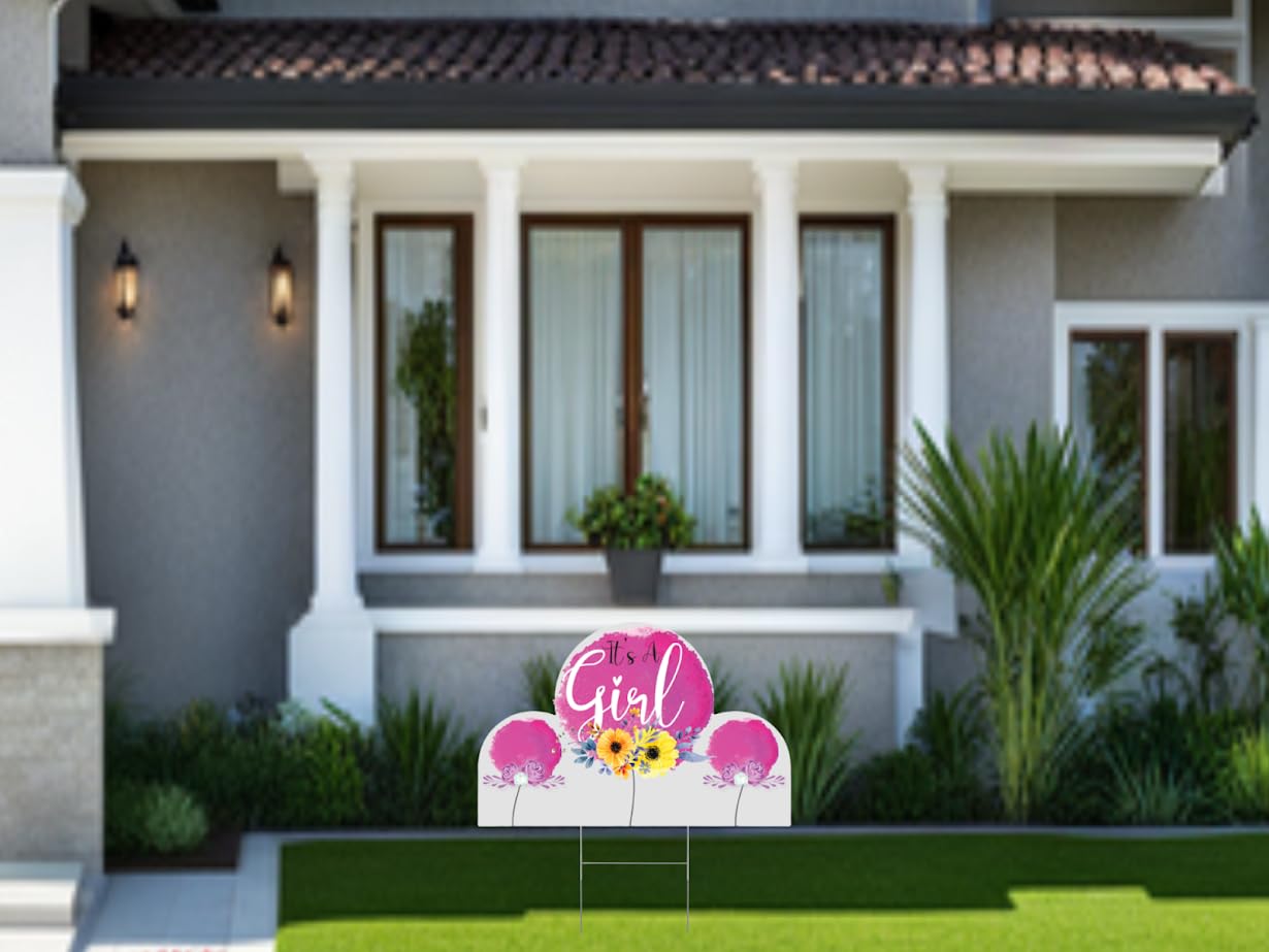 8x12 Inch 3X Double Sided It's A Girl Yard Sign with Stakes - Floral Baby Shower Party Decorations - Welcome Home Baby Lawn Plastic Sign - Gender Reveal Party Decorations Supplies for Outdoor Garden