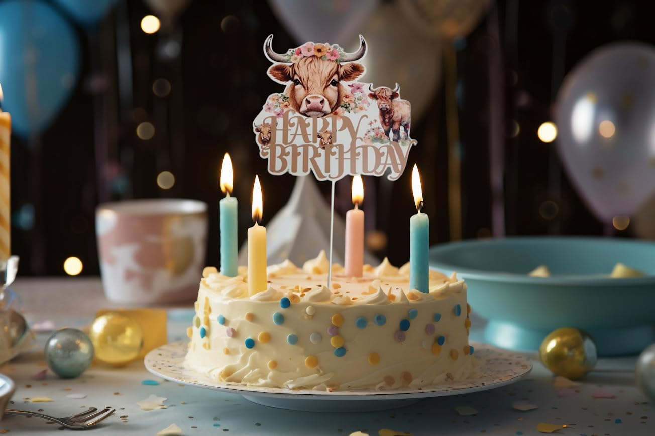 6.7x7.6 Inch Highland Cow Happy Birthday Cake Topper Paper - Highlands Cow Birthday Party Supplies - Brown Glitter Highland Cow Cake Decor for Western Cowboy Theme - Birthday Party Baby Shower
