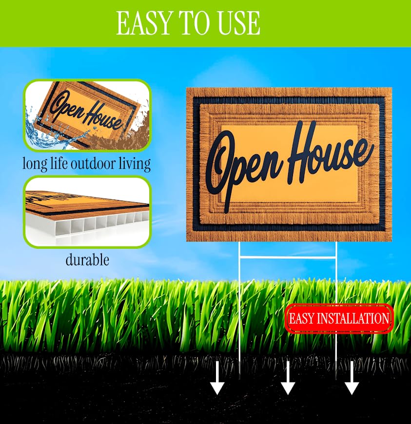 Set of 3 Double Sided 12x16 Inches Plastic Sign With H-Stakes "Open House" - Signs for Real Estate Agent Supplies - for Sale or Rent by Owner Yard Signage - Pointers for Brokerage Companies