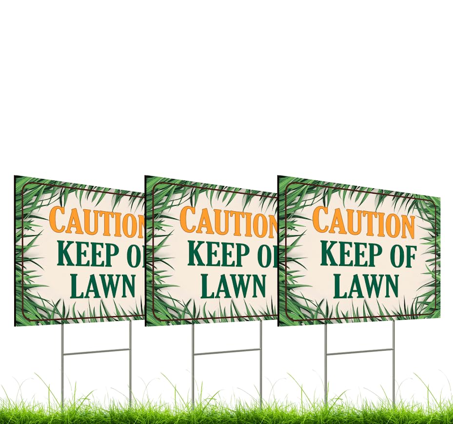 Set of 3 Double Sided 12x8 Inches Plastic Sign With H-Stakes "Caution Keep of Lawn" - Keep Grass Stay Treated Lawn - No Pets on Chemically Treated Yard - Please Do Not Spray Wildlife Habitat