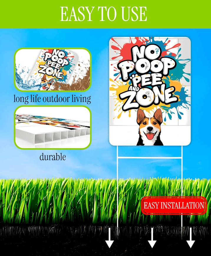 Set of 3 Double Sided 12x8 Inches Plastic Sign "No Poop and Pee Zone" - Signs No Dog Pooping and Peeing For Lawn - Signage With H-Stakes Pick Excrement Dogs Clean Up Behind Yard - Keep Pet Off Grounds