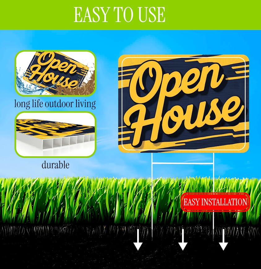 Set of 3 Double Sided 12x16 Inches Plastic Sign With H-Stakes "Open House" - For Sale By Owner Yard Signs - Renting Out Through a Real Estate Agency - Signage for Private Real Estate Brokerage Firms