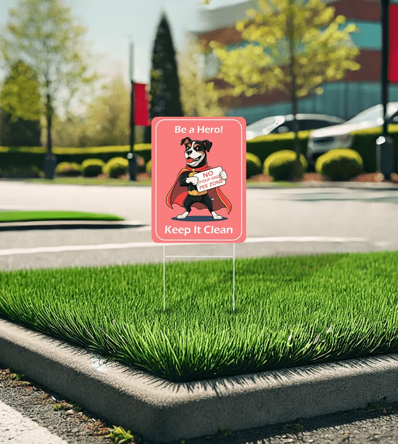 Set of 3 Double Sided 12x8 Inches Plastic Sign With H-Stakes "Be a Hero! No Poop and Pee Zone Keep it Clean" - No Pooping and Peeing Dogs for Yard - Please Clean After Your Animals in the Lawn