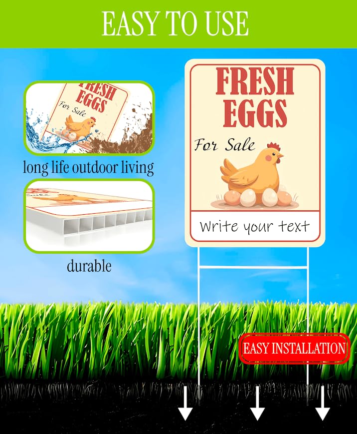 3X Double Sided 12x16 Inches Fresh Eggs For Sale Plastic Sign with Metal H-Stakes - Farm Business Supplies Home Decor - Fresh Chicken Eggs For Sale Yard Sign - Fresh Eggs Sign for Outdoor and Indoor