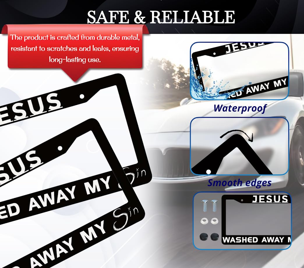 6x12.25 inches Black License Plate Frame with Quote Jesus Washed Away My Sin with 2 Holes and Screws - Standard Cars USA Frame for Front or Rear - Aluminium Jesus Plate Frames for Car Accessories