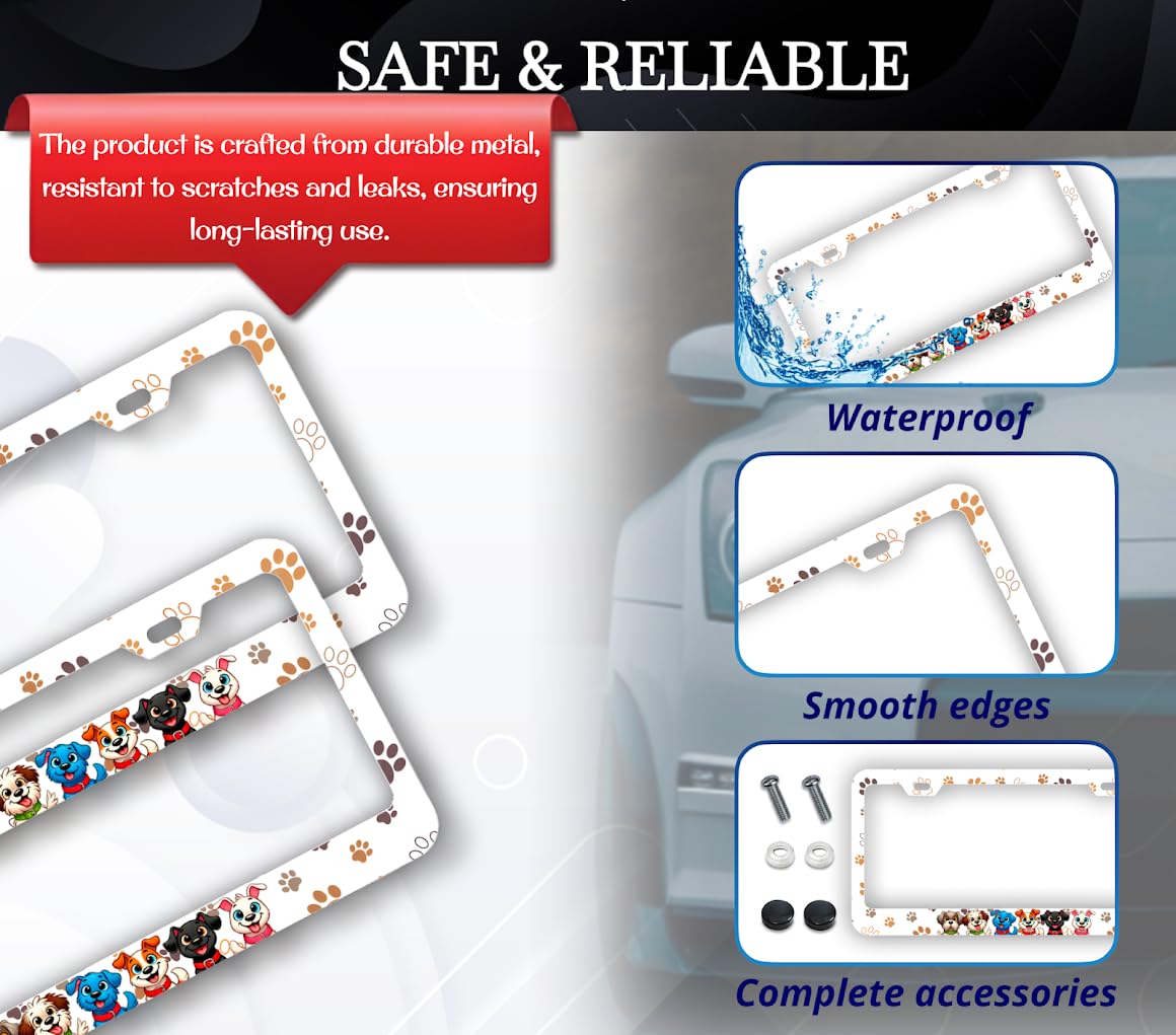License Plate Frame 6x12.25 Inches with Animal Paws on Frame with 2 Standard Slotted Mounting Holes - Stainless Steel Number Plate Frame with Print - Exclusive Print and Decoration for Your Car