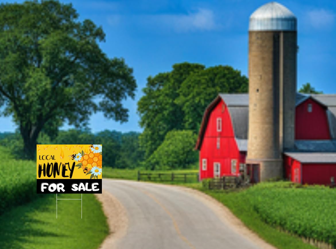 Set of 3 Double Sided 12x16 Inches Local Honey For Sale Yard Sign with Metal H-Stakes - Local Honey Sale Signs for Farm Garden Lawn Outdoor - Funny Signs For Sale Bee Hive Decoration