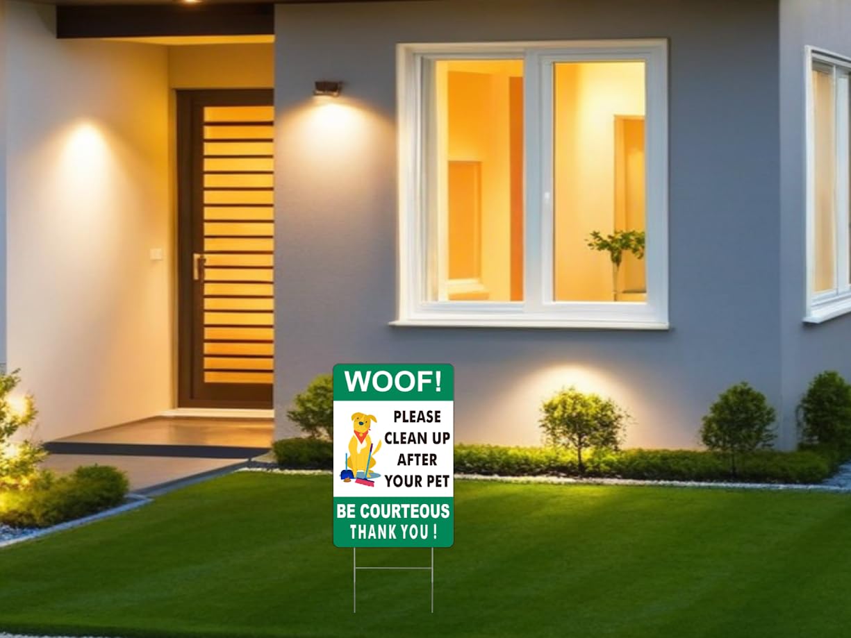 3X Double Sided 12x8 Please Clean Up After Your Pet Sign - Lawn Fun Pet Plastic Signs - Collect Dog Poo and Don't Wet Also No Dog Poo for the Yard - Signs to Curb Your Dog with Metal H-Shaped Stakes