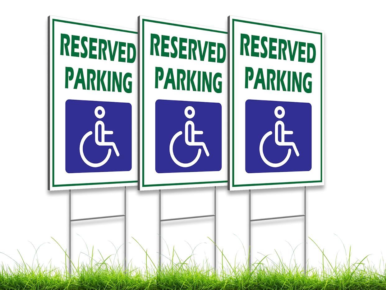 Pack of 3 Reserved Parking Double Sided Sign 12x8 inch with Metal H-Shaped Stakes - Handicap Parking Signs with Picture of Wheelchair Sign - Road Traffic Yard Plastic Signs