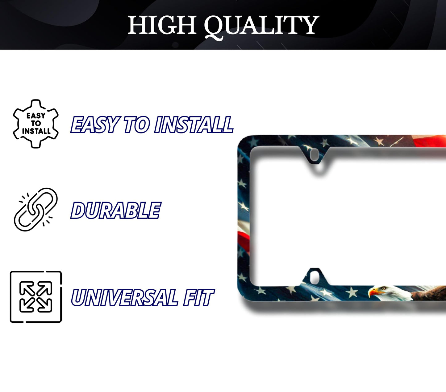 Set of 2 Personalized Car License Plate Frames for US Standard Frame American Flag Eagle - Plate Frame 6 x 12.25 inches and 4 Holes and Screws - Americane License Plate Frame Car Universal Accessories