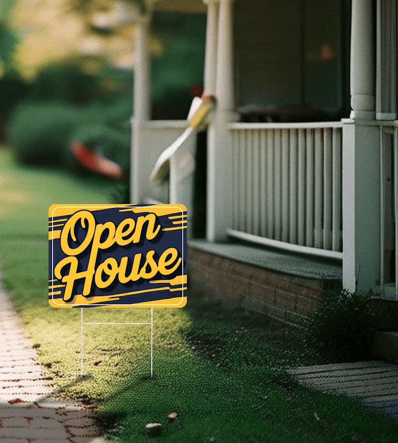 Set of 3 Double Sided 12x16 Inches Plastic Sign With H-Stakes "Open House" - For Sale By Owner Yard Signs - Renting Out Through a Real Estate Agency - Signage for Private Real Estate Brokerage Firms
