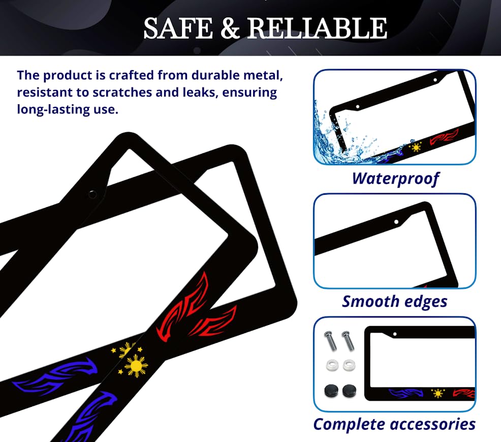 6x12.25 Inch License Plate Frame Philippines Star Tribal - Auto Parts License Plate Frame Decorative - Metal Black Car Frames with 2 Holes and Screws - Standart Cars USA Frame