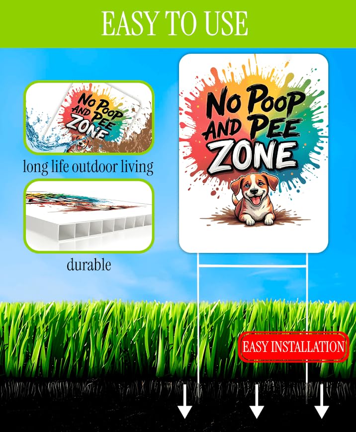 3X Double Sided 12x8 Inches Plastic Sign "No Poop and Pee Zone" - Signs With H-Stakes Pick Up After Your Dogs - Signage No Pooping and Peeing Dog for Yard - Keep Animals Off Grass and Clean Up After