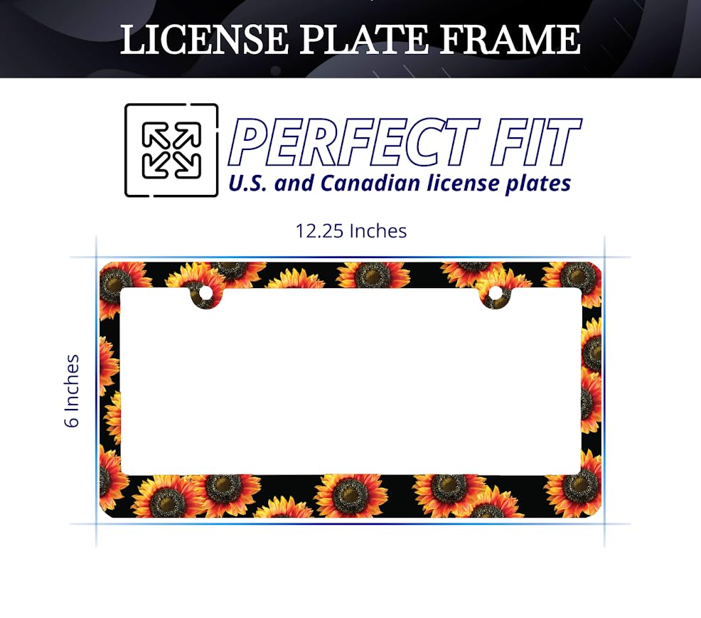 6x12.25 Inch Personalized Car License Plate Frame Yellow Sunflowers - Metal Aluminum Funny Black Car Frames with Two Holes and Screws - Standard Cars USA Frames for Front or Rear Use