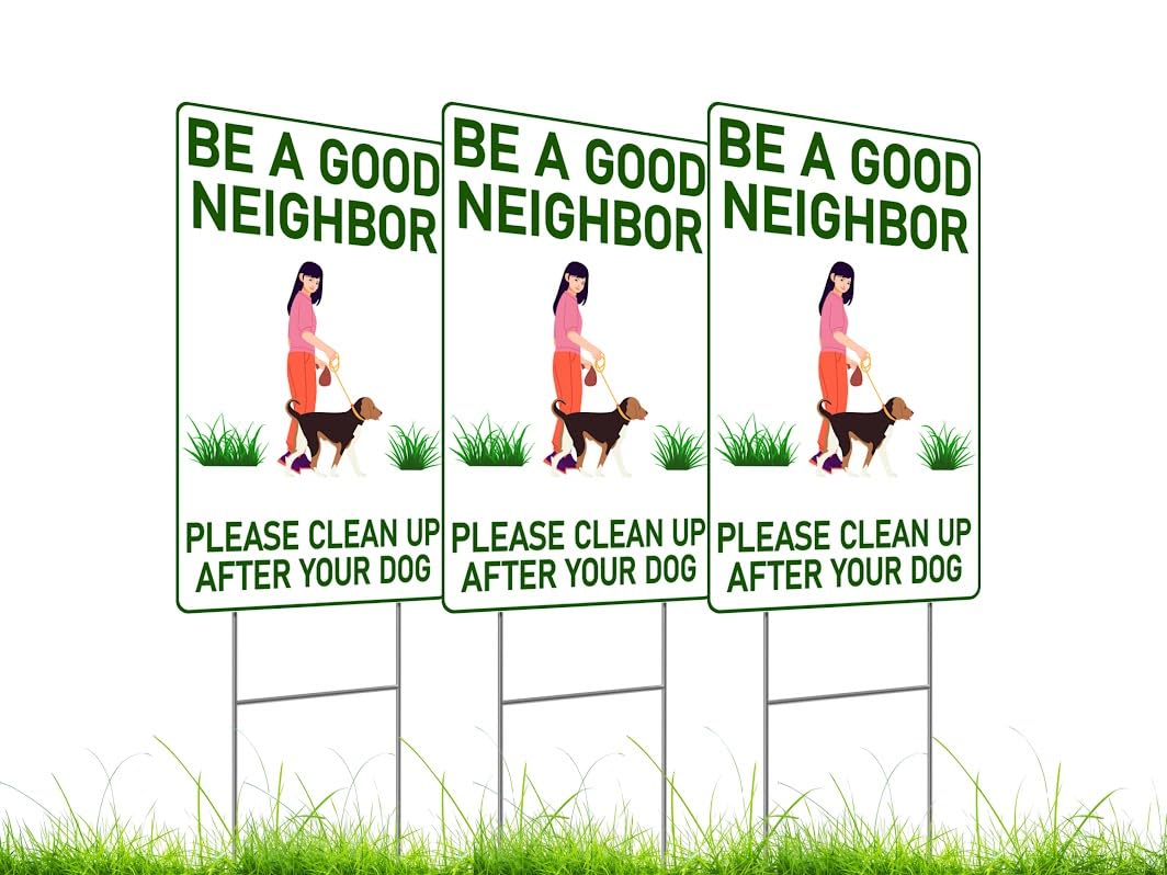 12x8 Double Sided Please Be a Good Neighbors Please Clean Up After Your Dog Plastic Sign with Metal Wire H-Stakes - No Poop for Lawn or No Pooping Dog Signs for Yard - No Dogs or Keep off Grass Sign