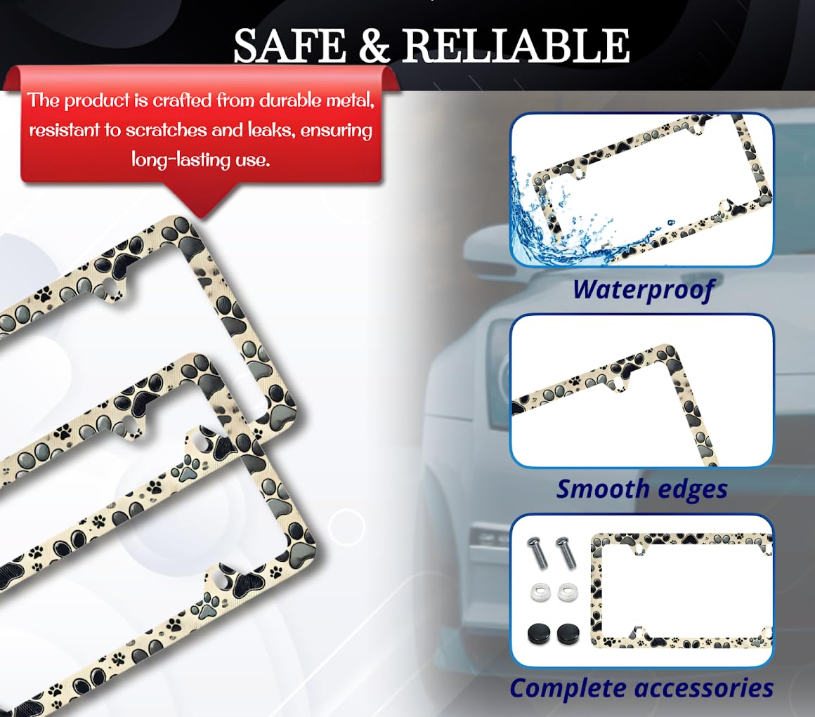 License Plate Frame 6x12.25 Inches - Animal Paw Prints on Black Background - with 4 Standard Slotted Mounting Holes - Number Plates Aluminum Alloy Frames for Your Car - Accessories Frames for Сar