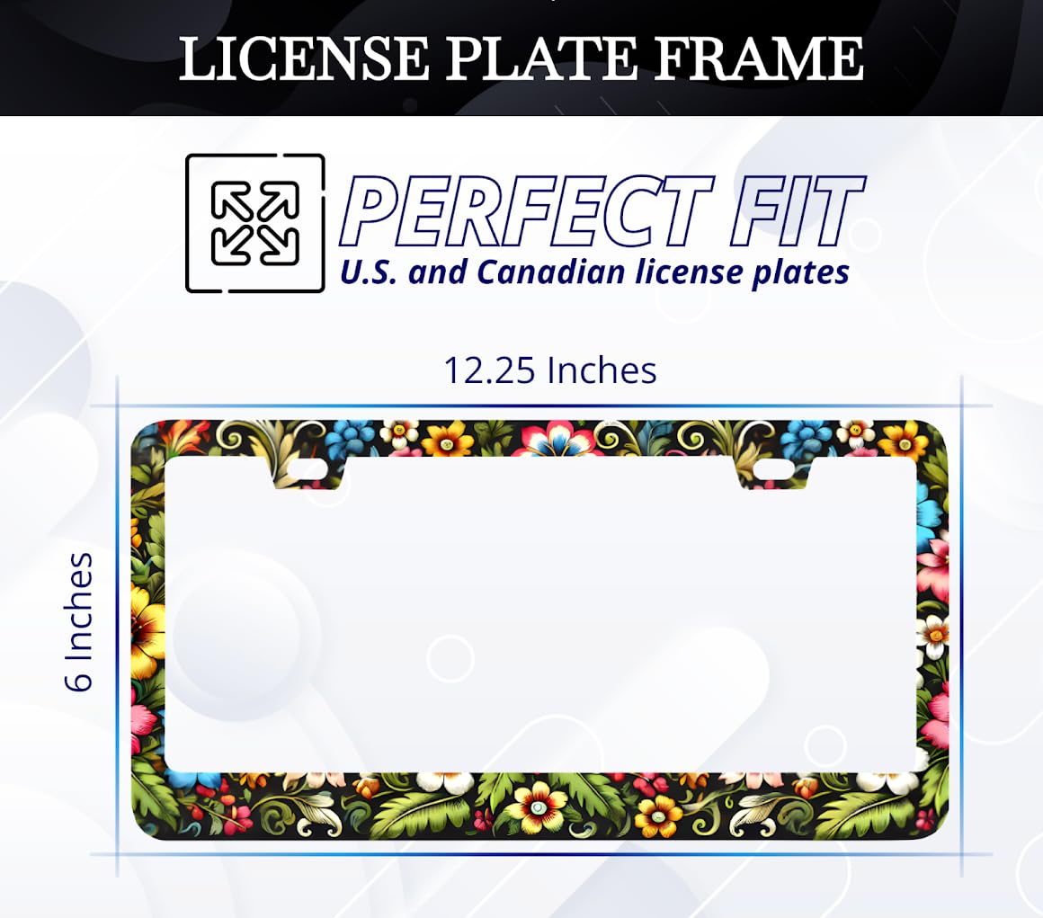 License Plate Frame 6x12.25 Inch - Multicolored Flowers on Black Background - with 2 Holes and Screws - Stainless Steel Number Frame with Print - US Standard License Plate Frames Car Accessory