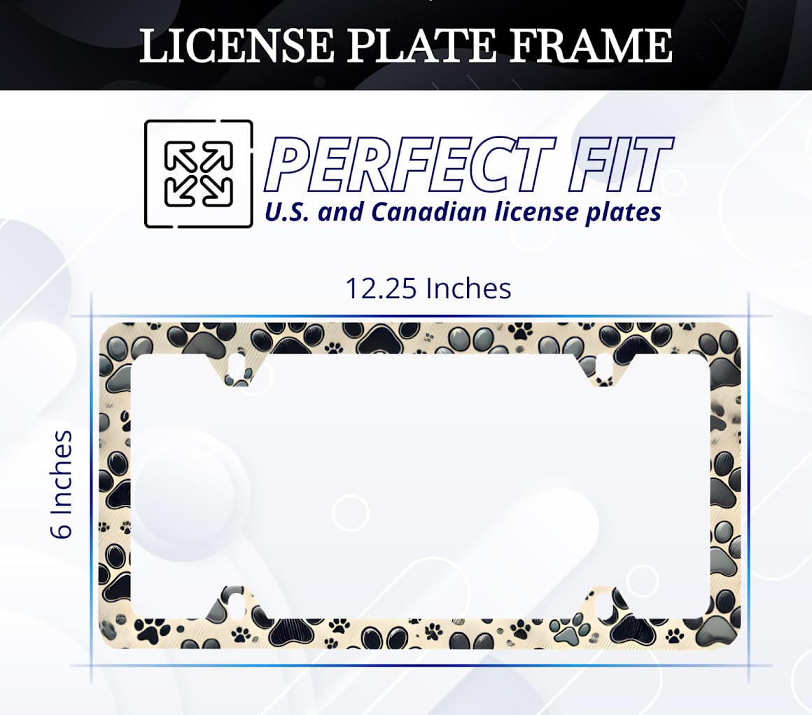License Plate Frame 6x12.25 Inches - Animal Paw Prints on Black Background - with 4 Standard Slotted Mounting Holes - Number Plates Aluminum Alloy Frames for Your Car - Accessories Frames for Сar