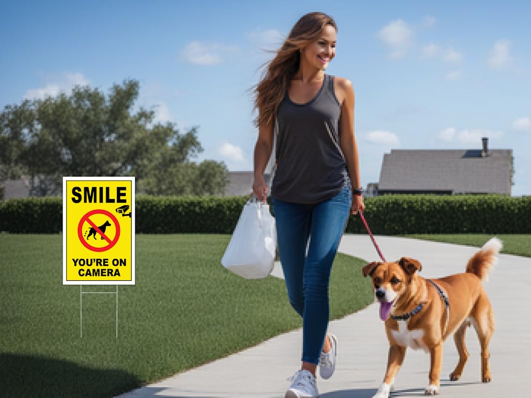 3X 8x12 Inch Smile Your on Camera Plastic Signs with Stake - No Tresspassing Private Property Video Surveillance Home Security Yard Sign - Warning for Property Single Sided Signs off Lawn Outdoor