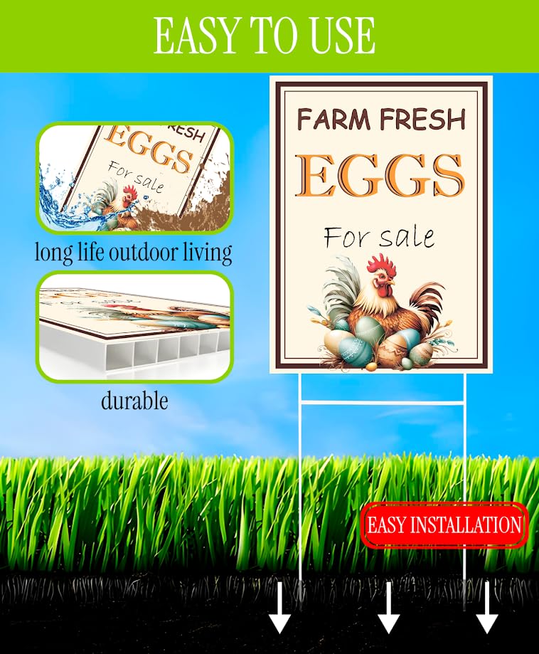 12x16 Inches Set of 3 Farm Fresh Eggs For Sale Plastic Sign with Metal H-Stakes - Double Sided Funny Signs Coop Decor - Farm Sale Eggs Home Decor for Outdoor and Indoor - Sold Here Yard Sign