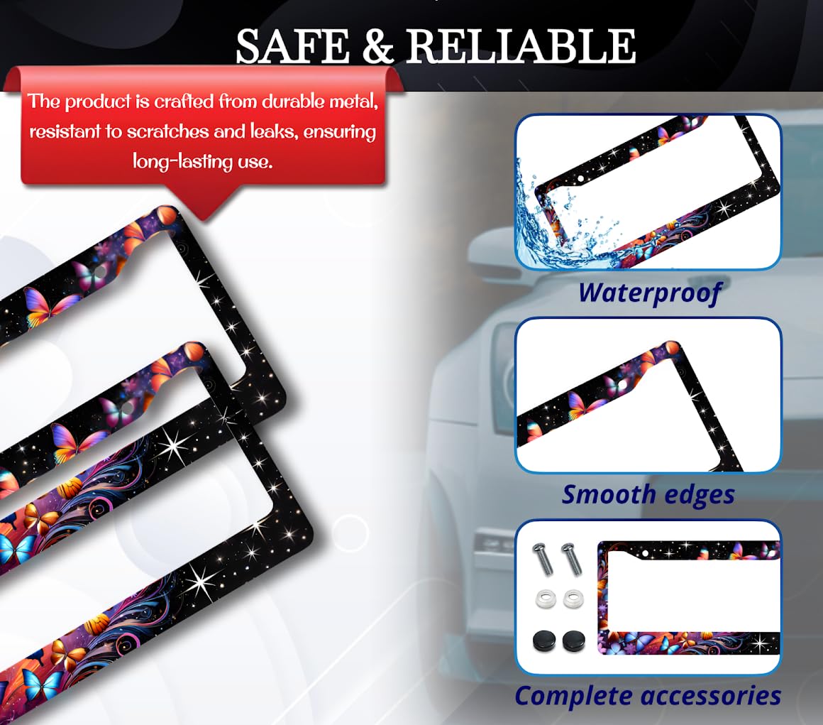 License Plate Frame for US Standard 6x12.25 Inch Print Multi Color Butterflies - Black Background with 2 Standard Slotted Mounting Holes - Stainless Steel Frame Original Accessory Car