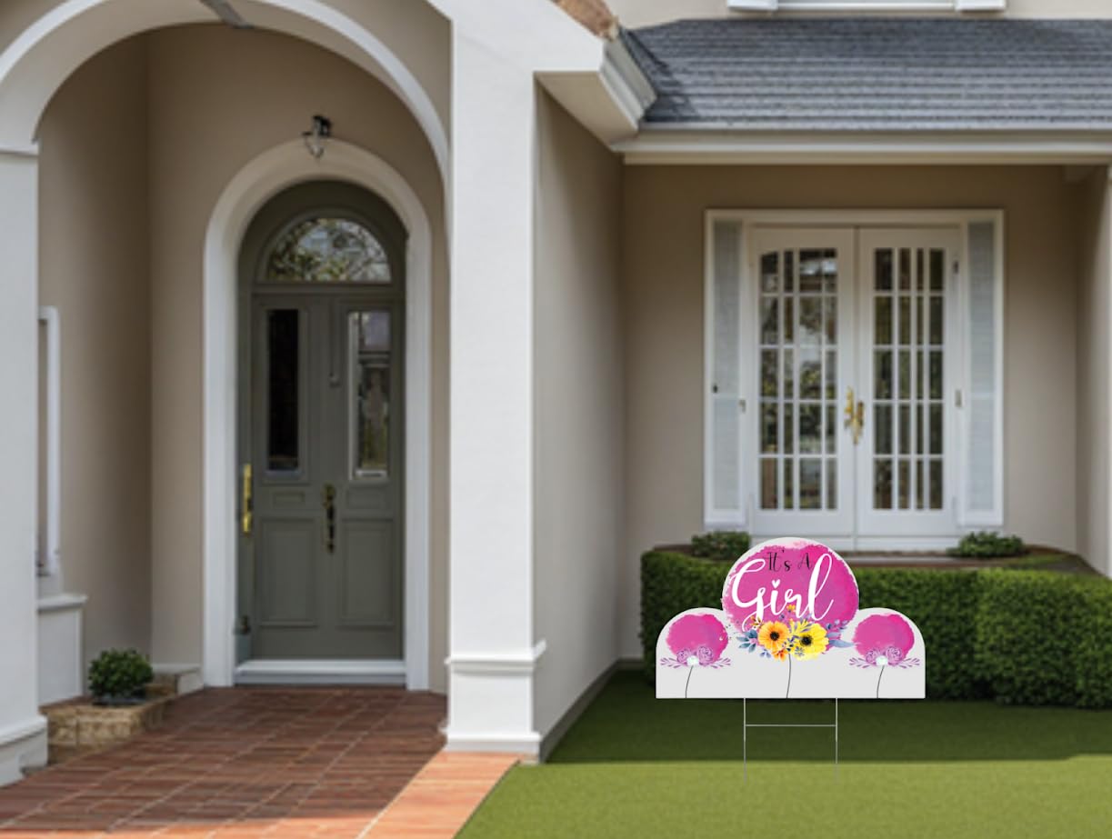 8x12 Inch 3X Double Sided It's A Girl Yard Sign with Stakes - Floral Baby Shower Party Decorations - Welcome Home Baby Lawn Plastic Sign - Gender Reveal Party Decorations Supplies for Outdoor Garden