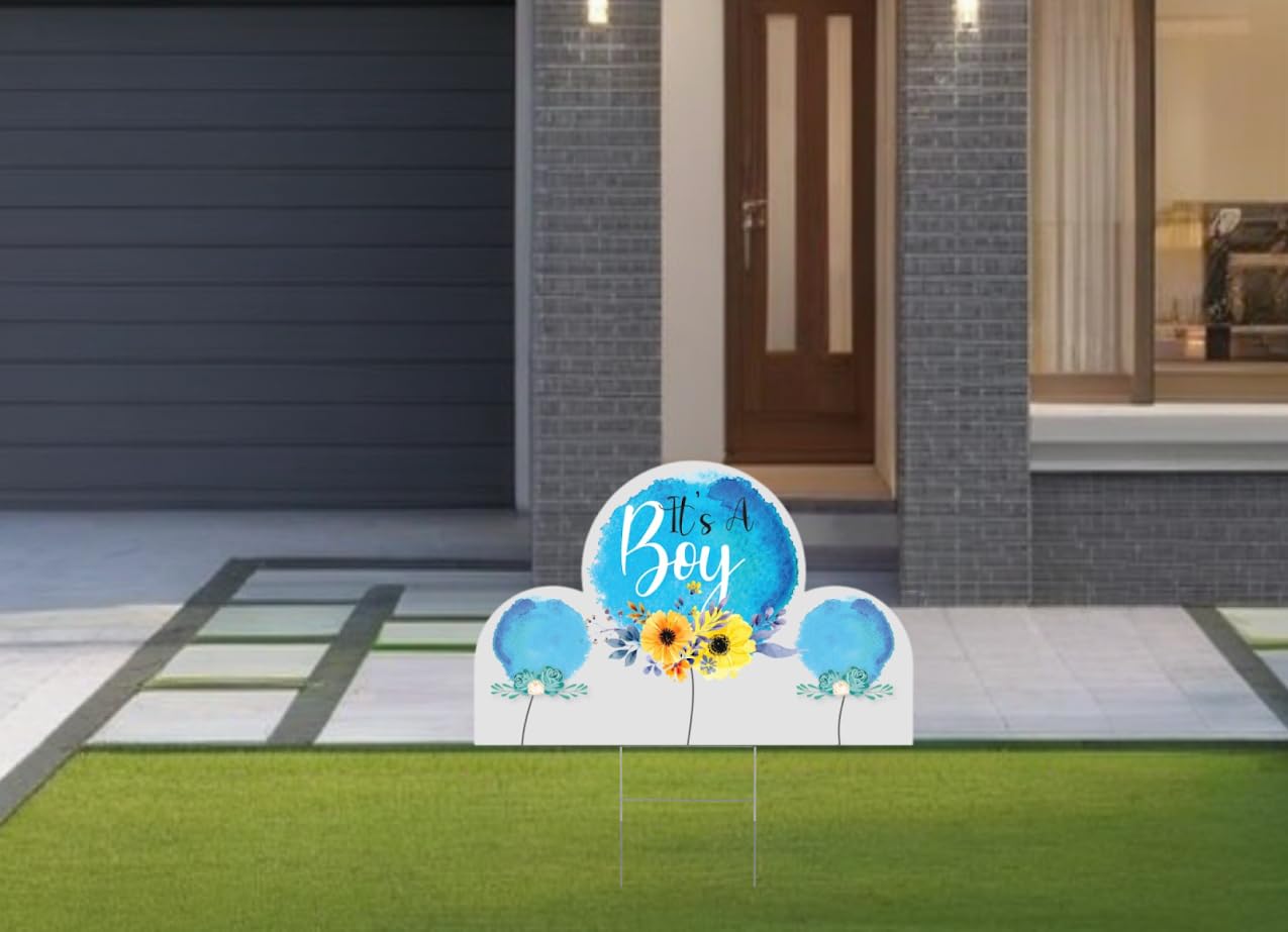 8x12 Inch 3X Double Sided It's A Boy Yard Plastic Sign with Stakes - Floral Baby Shower Party Decorations - Welcome Home Baby Lawn Sign - Gender Reveal Party Decorations Supplies for Outdoor Garden