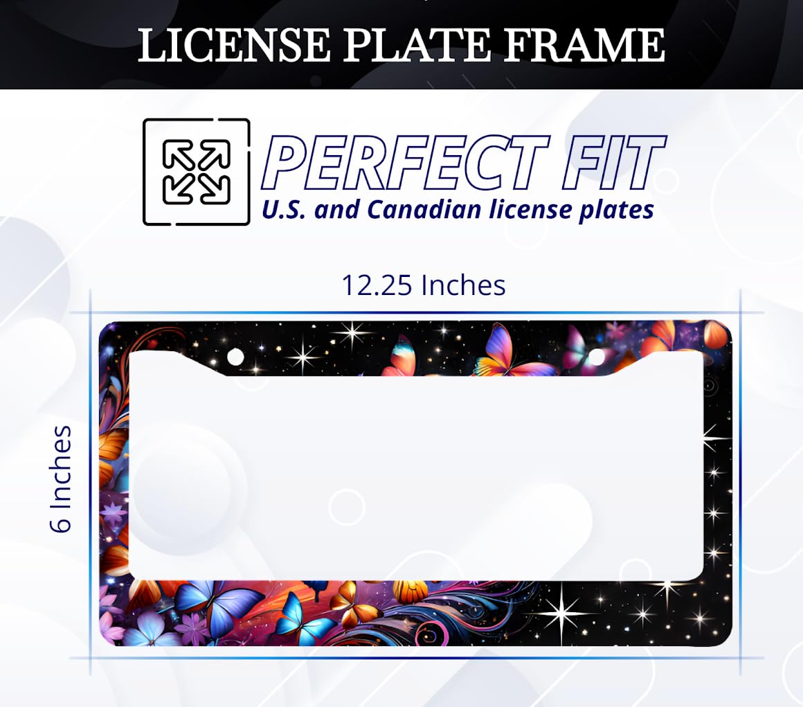 License Plate Frame for US Standard 6x12.25 Inch Print Multi Color Butterflies - Black Background with 2 Standard Slotted Mounting Holes - Stainless Steel Frame Original Accessory Car