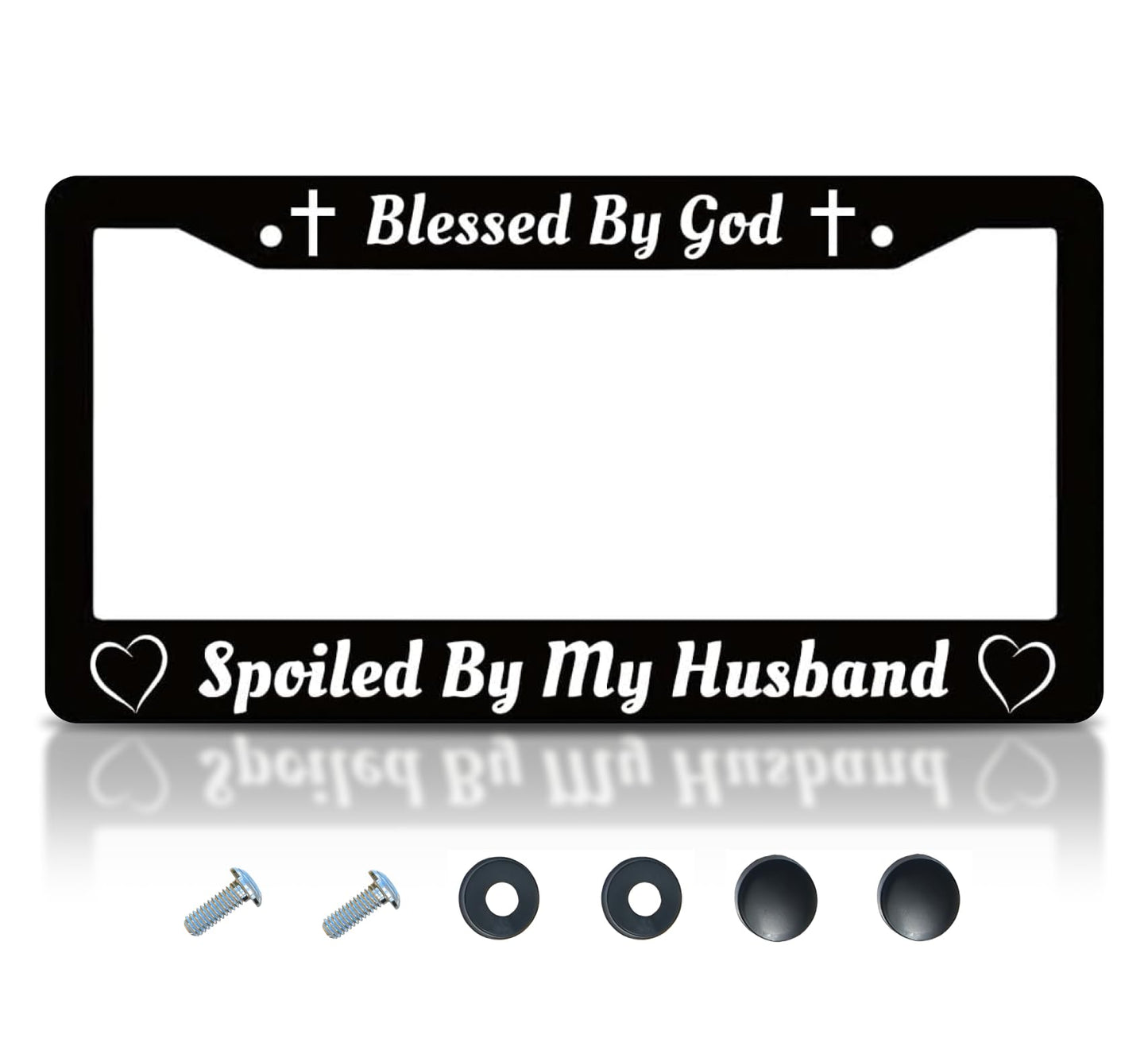 Personalized Car License Plate Frame for US Standard Frame Blessed by God Spoiled by My Husband - Black Metal Plate Frame 6x12.25 inch - Aluminum Car with 2 Holes and Screws