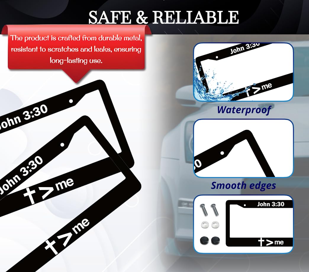 6x12.25 Inch Christian License Plate Frame with Quote John 3:30" with 2 Standard Slotted Mounting Holes and Screws - Decoration Aluminium Accessories License Plate Frame for USA Standard Cars