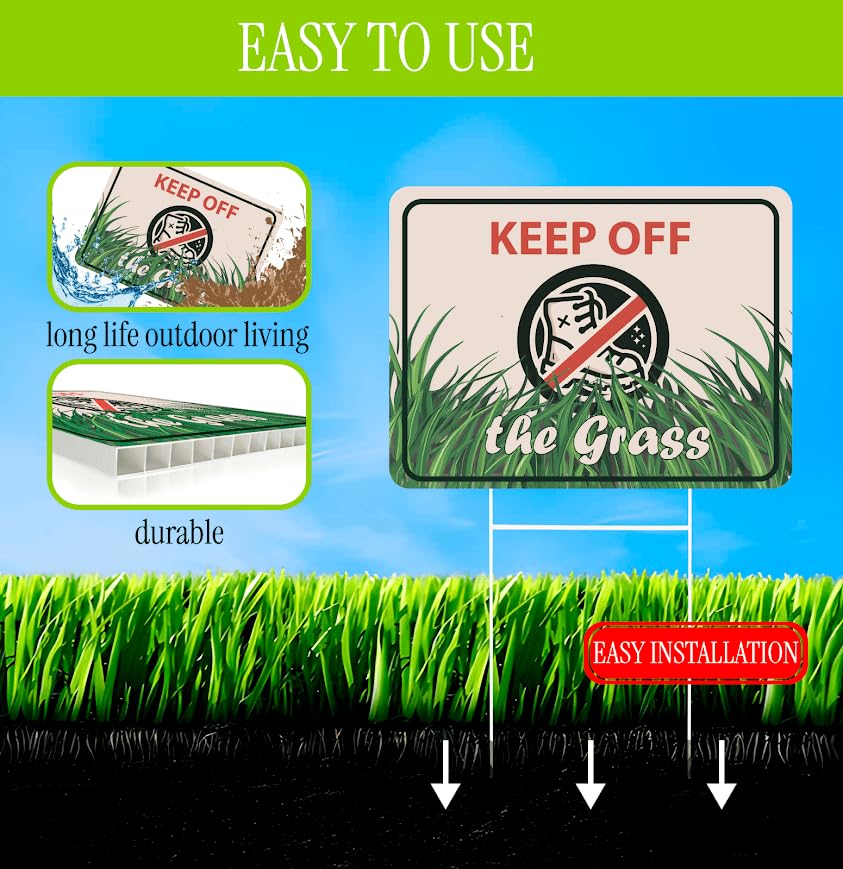 Set of 3 Double Sided 12x8 Inches Plastic Sign With H-Stakes "KEEP OFF the Grass" - Signs do not Walk on the Garden in the Yard - Please Dont Come in Сourtyard - Signage to Protect Your Lawn